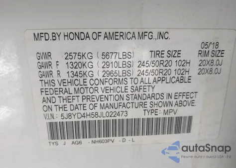 2018 Acura Mdx Technology Package Acurawatch Plus Pkg z USA, uszkodzony, nr VIN 5J8YD4H58JL022473